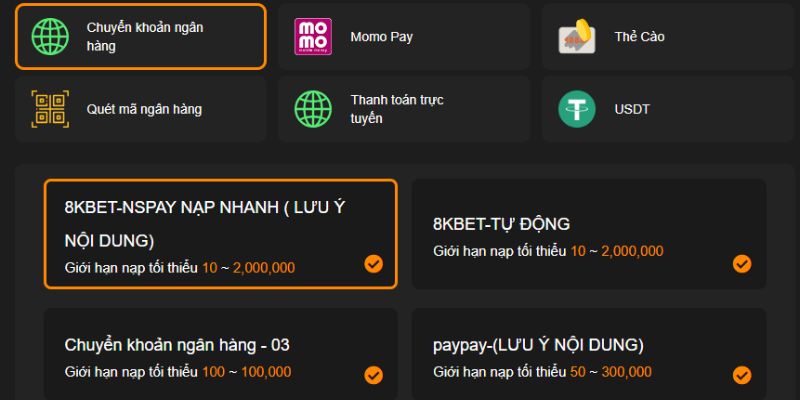 6 phương pháp nạp tiền 8KBET